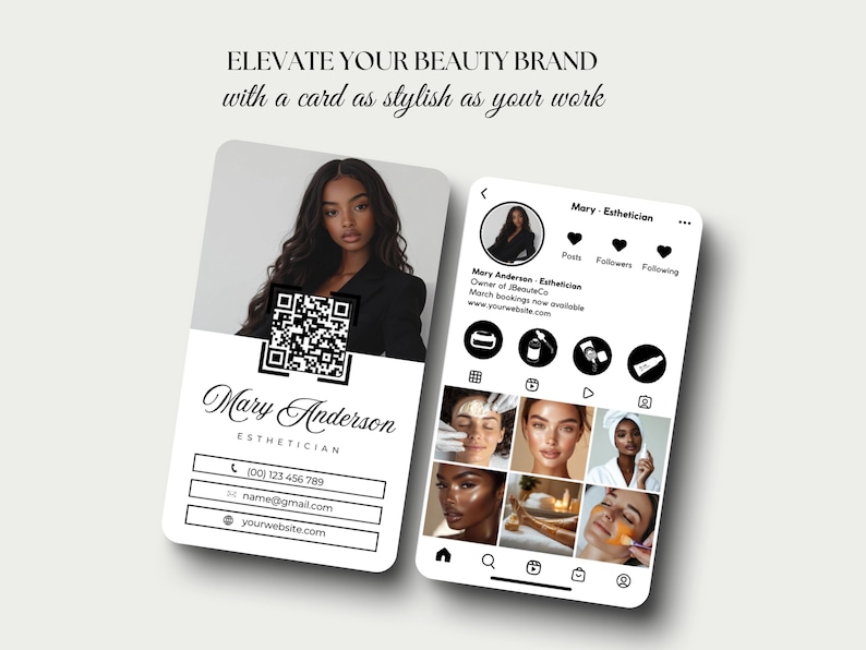 May include: A black and white business card featuring a woman's photograph, a QR code, and contact details. The card also displays a social media profile with a photo, post, follower, and following counts. The profile includes icons for a beauty product, a syringe, a play button, and a camera.