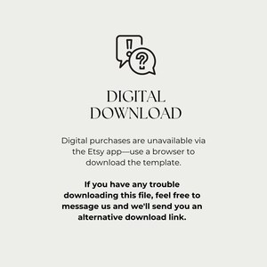 May include: Image with the text "DIGITAL DOWNLOAD" and instructions for downloading digital purchases. A speech bubble with an exclamation point and question mark is at the top. The text advises using a browser to download the template.