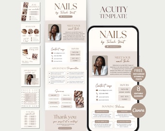 May include: A digital marketing template for nail salon services. The design features a phone mockup with nail art examples, contact information, and booking details. The color scheme is neutral with brown and beige tones.