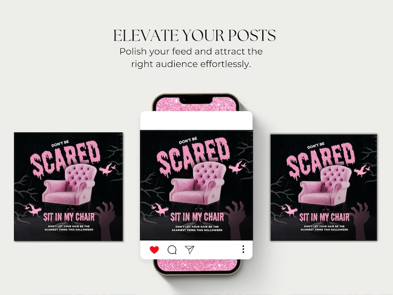 May include: A social media post displayed on a phone, with a Halloween theme. It shows a pink armchair, the words "DON'T BE SCARED," and "SIT IN MY CHAIR." The background is black with spooky elements.