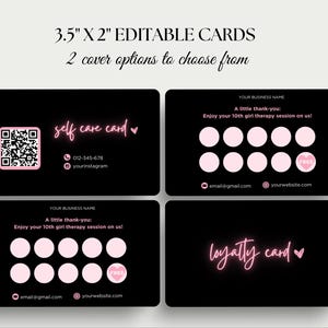 Puede incluir: Tarjetas de visita negras con texto y acentos rosas. Las tarjetas incluyen el texto "3.5" X 2" EDITABLE CARDS" y "2 cover options to choose from". Una tarjeta dice "self care card" y otra "loyalty card".