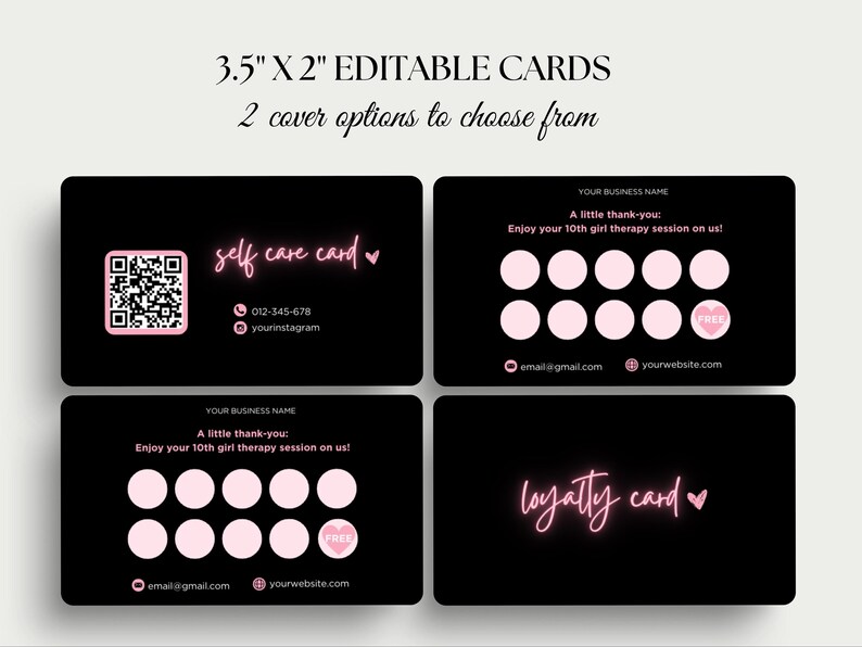 Puede incluir: Tarjetas de visita negras con texto y acentos rosas. Las tarjetas incluyen el texto "3.5" X 2" EDITABLE CARDS" y "2 cover options to choose from". Una tarjeta dice "self care card" y otra "loyalty card".