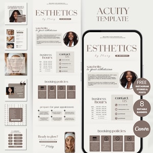 May include: A set of eight editable Instagram story and post templates for an esthetics business. The templates are in a minimalist style with a brown and white colour scheme. The text on the templates includes "Esthetics by Mary", "Say hello to your esthetician", "Business Hours", "Contact Us", "Booking Policies", "Prepare for your appointment", and "Ready to glow?"