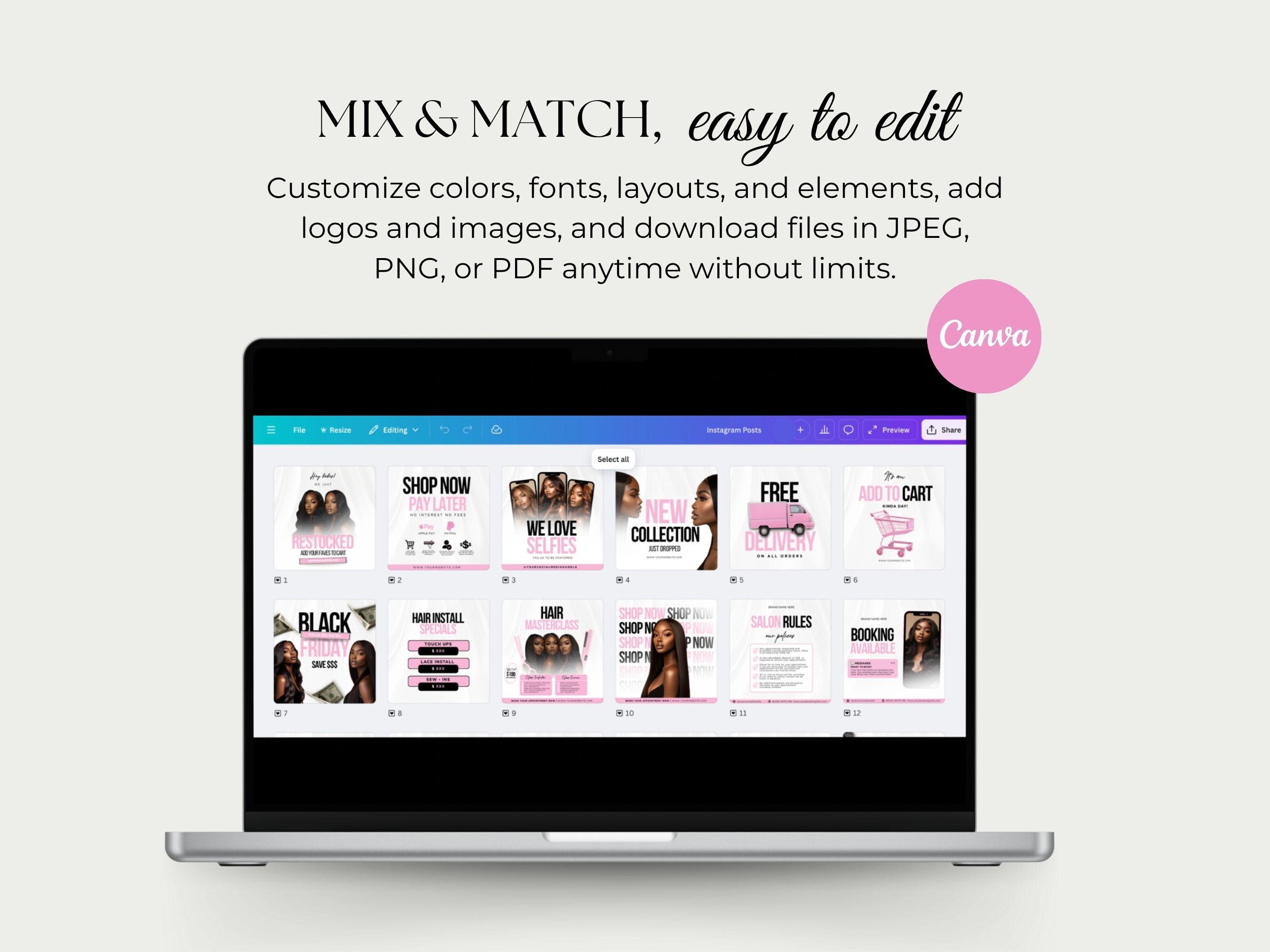 Hair Wig Instagram Post Template Canva Hairstylist Branding Wig ...