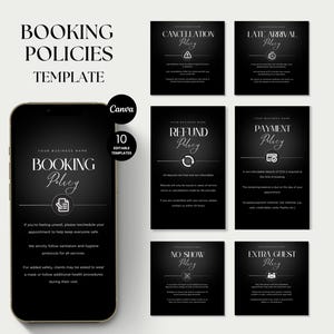 Könnte beinhalten: Ein schwarzes Smartphone zeigt eine Vorlage für „Buchungsrichtlinien“ mit zusätzlichen Richtlinienkarten. Die Vorlage enthält Abschnitte für Stornierungs-, Verspätungs-, Rückerstattungs-, Zahlungs-, Nichterscheinungs- und zusätzliche Gastrichtlinien. Das Design ist elegant mit weißem Text auf schwarzem Hintergrund.