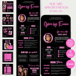 May include: A pink and black digital template for Instagram stories and posts. The template is for a makeup artist and includes the artist's name, Glam by Eunice, and contact information. The template also includes a booking policy and information about the artist's services.