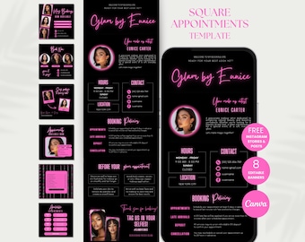 May include: A pink and black digital template for Instagram stories and posts. The template is for a makeup artist and includes the artist's name, Glam by Eunice, and contact information. The template also includes a booking policy and information about the artist's services.