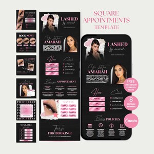 May include: A digital marketing template set for beauty services featuring a black and pink color scheme. The design includes square social media posts and a mobile phone display showing appointment booking details, business hours, and contact info.