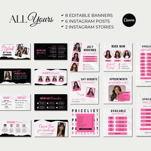May include: A collection of marketing templates with a black and white theme, accented with pink. The templates include Instagram posts, stories, and banners. Text includes "Styled by Aiah", "July Bookings", and "Pricelist".