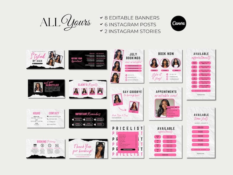 May include: A collection of marketing templates with a black and white theme, accented with pink. The templates include Instagram posts, stories, and banners. Text includes "Styled by Aiah", "July Bookings", and "Pricelist".