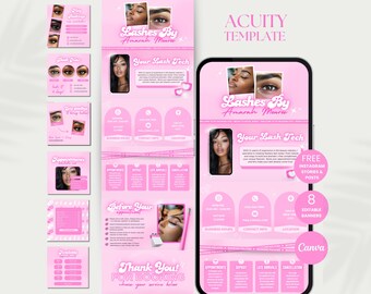 May include: Pink and white template for an online booking service for eyelash extensions. The template includes a phone screen with the text "Lashes By Amarah Menca" and "Your Lash Tech". The template also includes a section for business hours, contact info, and location. The template is customizable and includes 8 editable banners.