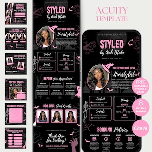 May include: A black and pink Halloween-themed template for a hairstylist, featuring a woman with long hair. The design includes text such as "Styled by Aiah Blake," "Meet Your Boo-tiful Hairstylist," and "Halloween Specials."