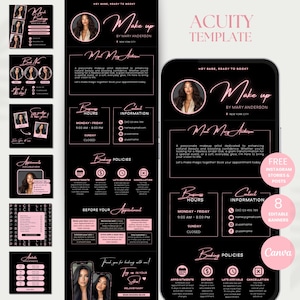Puede incluir: Una plantilla digital negra y rosa para programar citas. La plantilla incluye una foto de una mujer con cabello largo y oscuro, el texto "Make Up" en letras de neón rosa y el texto "Plantilla Acuity".