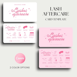 Puede incluir: Plantilla de tarjeta de visita rosa y blanca con el texto "Lashes Aftercare". La tarjeta incluye consejos de cuidado posterior con iconos y texto. También se ven las palabras "Lash Aftercare Card Template".