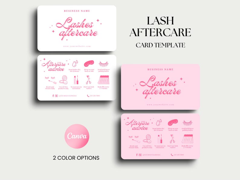 Puede incluir: Plantilla de tarjeta de visita rosa y blanca con el texto "Lashes Aftercare". La tarjeta incluye consejos de cuidado posterior con iconos y texto. Tambi&eacute;n se ven las palabras "Lash Aftercare Card Template".