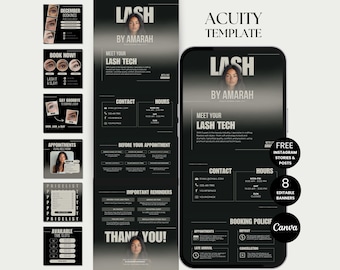 May include: A black and white digital marketing template for a lash technician, featuring the text "LASH BY AMARAH". The template includes contact information, appointment details, and a price list. The design is optimized for social media.