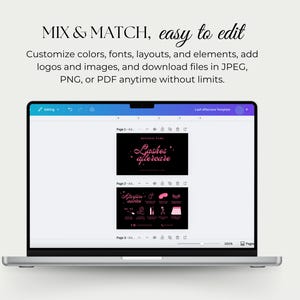 Puede incluir: Un port&aacute;til muestra una plantilla de dise&ntilde;o con el texto &laquo;MIX & MATCH, easy to edit&raquo;. La pantalla muestra un dise&ntilde;o en negro y rosa para &laquo;Lashes aftercare&raquo;. La plantilla permite la personalizaci&oacute;n de colores, fuentes, dise&ntilde;os y elementos.