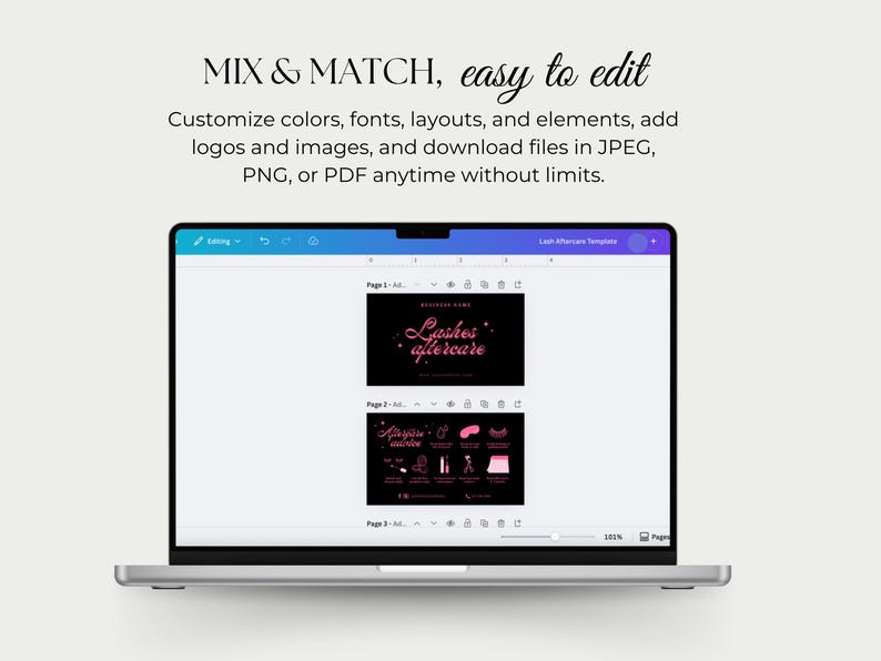 Puede incluir: Un port&aacute;til muestra una plantilla de dise&ntilde;o con el texto &laquo;MIX & MATCH, easy to edit&raquo;. La pantalla muestra un dise&ntilde;o en negro y rosa para &laquo;Lashes aftercare&raquo;. La plantilla permite la personalizaci&oacute;n de colores, fuentes, dise&ntilde;os y elementos.