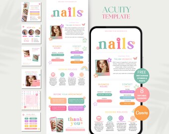 May include: A pink and green digital template for an online nail salon business. The template includes a welcome message, business hours, contact information, booking policies, and a thank you message. The template is designed to be used with the Acuity scheduling platform and Canva.