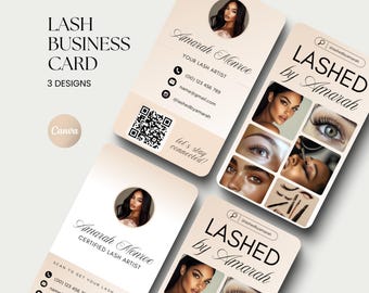 May include: Three business card designs for a lash artist named Amarah Monroe. The cards feature a photo of the artist, a QR code, contact information, and the text "LASH BUSINESS CARD" and "LASHED by Amarah".
