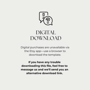 Puede incluir: Gr&aacute;fico de descarga digital con las palabras &laquo;DESCARGA DIGITAL&raquo;. La imagen incluye una burbuja de di&aacute;logo con un signo de exclamaci&oacute;n y un signo de interrogaci&oacute;n. El texto explica c&oacute;mo descargar la plantilla.