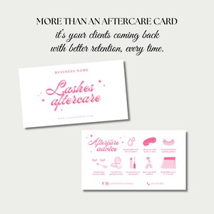 Puede incluir: Dos tarjetas de visita blancas con texto e ilustraciones en rosa. La tarjeta superior dice "Lashes aftercare" y la tarjeta inferior tiene iconos de consejos de cuidado posterior. El texto en la parte superior dice "MORE THAN AN AFTERCARE CARD".