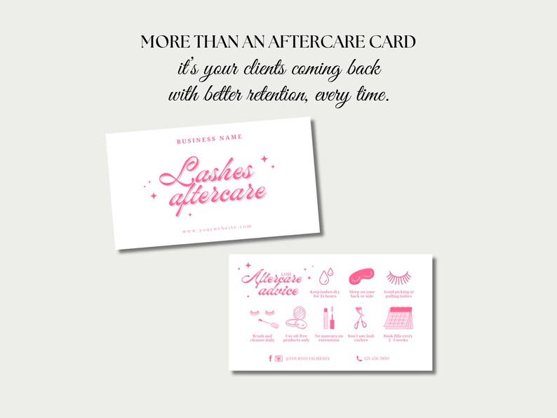 Puede incluir: Dos tarjetas de visita blancas con texto e ilustraciones en rosa. La tarjeta superior dice "Lashes aftercare" y la tarjeta inferior tiene iconos de consejos de cuidado posterior. El texto en la parte superior dice "MORE THAN AN AFTERCARE CARD".
