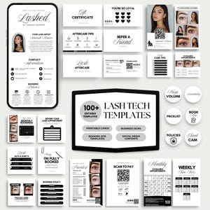 Puede incluir: Una colección de plantillas de técnico de pestañas en blanco y negro, que incluyen tarjetas imprimibles, letreros comerciales y contenido para redes sociales. Las plantillas presentan texto como "Lashed", "Gift Certificate" y "100+ Lash Tech Templates".
