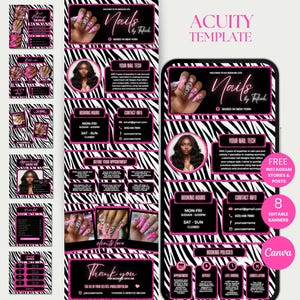 May include: A pink and black digital template for a nail salon, featuring a zebra print background. The design includes booking information, contact details, and examples of nail art. The text "Nails by Tafah" is displayed.