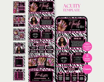 May include: A pink and black digital template for a nail salon, featuring a zebra print background. The design includes booking information, contact details, and examples of nail art. The text "Nails by Tafah" is displayed.