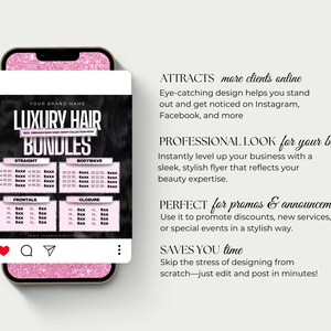 Puede incluir: Un smartphone muestra un folleto de "Luxury Hair Bundles". El folleto presenta categor&iacute;as de productos capilares: Straight, Bodywave, Frontals y Closure. El texto a la derecha destaca beneficios como atraer clientes y un dise&ntilde;o que ahorra tiempo.