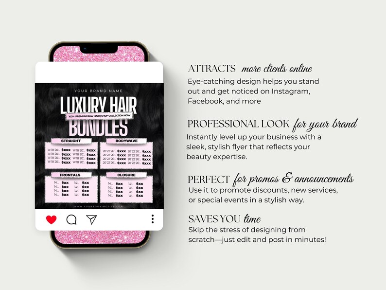 Puede incluir: Un smartphone muestra un folleto de "Luxury Hair Bundles". El folleto presenta categor&iacute;as de productos capilares: Straight, Bodywave, Frontals y Closure. El texto a la derecha destaca beneficios como atraer clientes y un dise&ntilde;o que ahorra tiempo.