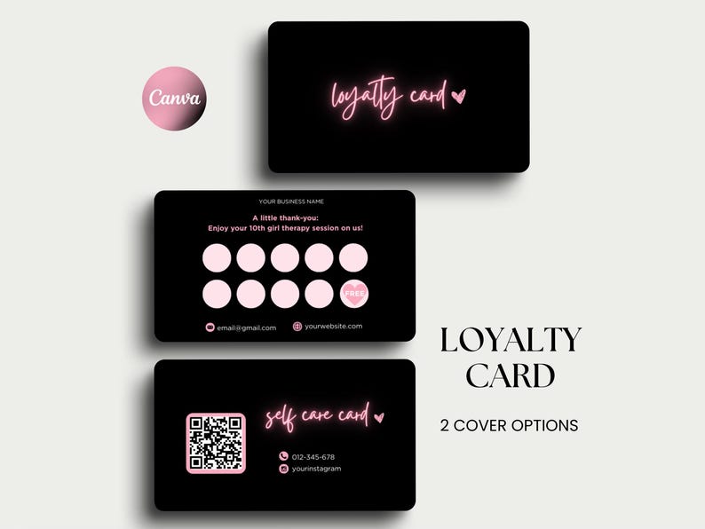 Puede incluir: Tarjetas de fidelidad negras con texto y acentos rosas. Una tarjeta dice "loyalty card" con un coraz&oacute;n. Otra tarjeta tiene c&iacute;rculos rosas y dice "Enjoy your 10th girl therapy session on us!" Una tercera tarjeta dice "self care card".