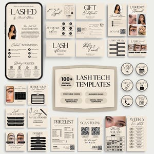 Op de afbeelding: Een verzameling wimpertechniek sjablonen in een neutraal kleurenpalet. Inclusief visitekaartjes, boekingsformulieren, social media content en printbare kaarten. De sjablonen zijn ontworpen voor wimperartiesten en schoonheidsprofessionals.