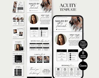 May include: A digital marketing template for nail technicians, featuring a phone mockup with a nail design, social media posts, and booking information. The design includes the text "Nailed by Taliah" and "Meet Your Nail Tech."