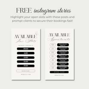 May include: Two Instagram story templates with the text "FREE instagram stories". One template displays "AVAILABLE Time Slots" with time slots from 09:00 to 17:00. The other template shows "AVAILABLE Appointments" with appointment times.