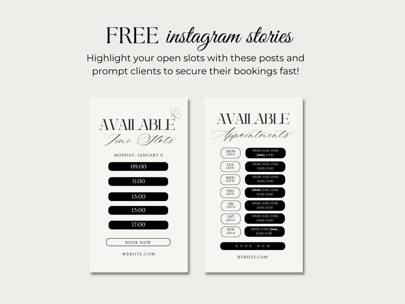 May include: Two Instagram story templates with the text "FREE instagram stories". One template displays "AVAILABLE Time Slots" with time slots from 09:00 to 17:00. The other template shows "AVAILABLE Appointments" with appointment times.