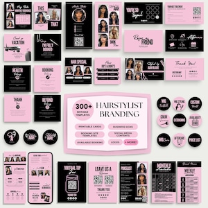 Könnte beinhalten: Eine Sammlung von pink-schwarzen Branding-Vorlagen für Friseure, darunter Visitenkarten, Social-Media-Inhalte und Buchungsseiten-Vorlagen. Das Design zeigt Text und Bilder, mit dem prominenten Schriftzug "300+ Hairstylist Branding".