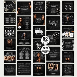 Puede incluir: Una colección de plantillas de flyers de Instagram en blanco y negro para un negocio de peluquería. Los flyers incluyen texto como "Cash Only", "Flash Sale", "New Collection" y "Bundles Deals". La imagen también incluye el texto "80 Flyers editables (2 tamaños)".