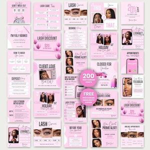 Op de afbeelding: Een collectie van 200 roze en witte Instagram-posttemplates voor wimperstylisten. De vierkante afbeeldingen bevatten tekst, verzorgingstips, boekingsbeleid, kortingsaanbiedingen en foto's van ogen met wimperextensions op een lichtroze achtergrond.