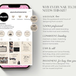 May include: A mock-up of an Instagram profile on a smartphone screen. The profile, for "JBeauteCo," features a logo, profile picture, and various post templates for nail technicians. Text on the right side explains the benefits of the kit.