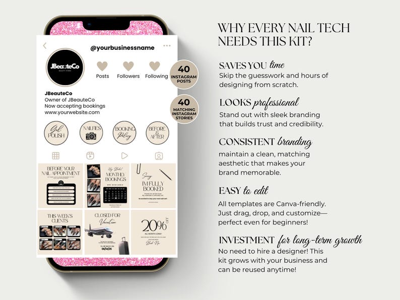 May include: A mock-up of an Instagram profile on a smartphone screen. The profile, for "JBeauteCo," features a logo, profile picture, and various post templates for nail technicians. Text on the right side explains the benefits of the kit.