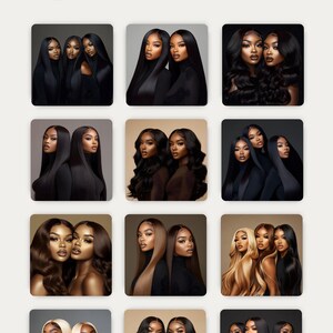 Op de afbeelding: Een verzameling van 30 foto's met modellen met verschillende kapsels. De modellen dragen allemaal zwarte rolkragen en hebben verschillende haartexturen, lengtes en kleuren. De foto's zijn gerangschikt in een rasterformaat.