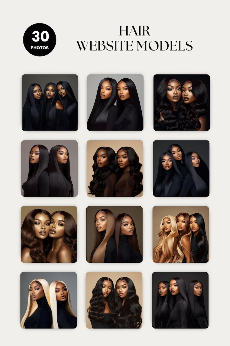 Op de afbeelding: Een verzameling van 30 foto's met modellen met verschillende kapsels. De modellen dragen allemaal zwarte rolkragen en hebben verschillende haartexturen, lengtes en kleuren. De foto's zijn gerangschikt in een rasterformaat.