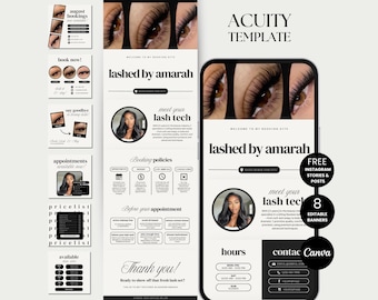 May include: Aesthetic digital marketing template for lash extensions, featuring a mobile phone mockup and social media posts. The design includes the text "lashed by amarah", booking information, and a photo of a woman. The template is in black and white.