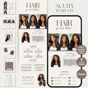 May include: A digital marketing template for a hair stylist, featuring a phone mockup with the text "HAIR by Akah Blake." The design includes images of hairstyles, booking information, and contact details. The template is designed for Instagram stories and posts.