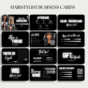 Könnte beinhalten: Eine Sammlung schwarzer Visitenkarten für einen Friseur, mit weißem Text und Grafiken. Die Karten zeigen Designs wie "Aftercare", "Color-Treated Hair", "Refer a Friend" und "Gift Certificate". Der Text "HAIRSTYLIST BUSINESS CARDS" steht oben.
