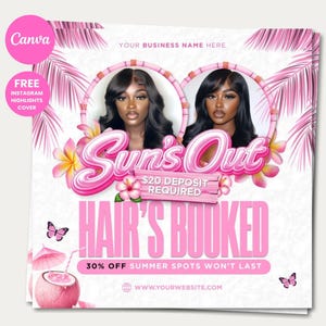 May include: A pink and white promotional graphic with the text "Sun's Out Hair's Booked" and "30% Off Summer Spots Won't Last". The design includes images of two women, flowers, butterflies, and a coconut drink.