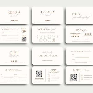 May include: A collection of cream-colored business cards with rounded corners. The cards feature various text designs in a brown font, including "Refer a Friend," "Loyalty Card," and "Gift Certificate." Some cards include QR codes and fillable fields.