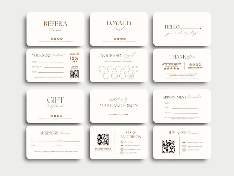 May include: A collection of cream-colored business cards with rounded corners. The cards feature various text designs in a brown font, including "Refer a Friend," "Loyalty Card," and "Gift Certificate." Some cards include QR codes and fillable fields.